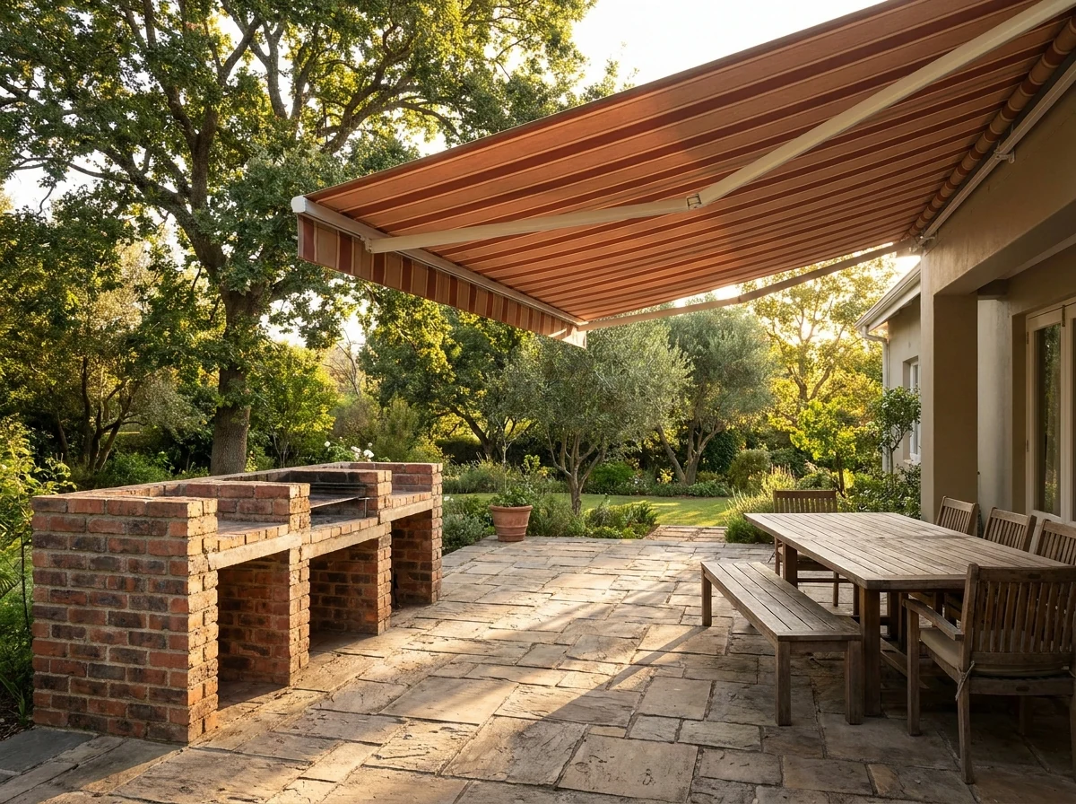 A built-in brick braai area shaded by a folding-arm awning extended overhead, outdoor dining table nearby, typical of a Senderwood family suburb garden