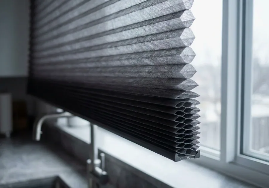 Cellular honeycomb blind seen side-on, showing the air cells that insulate the glass