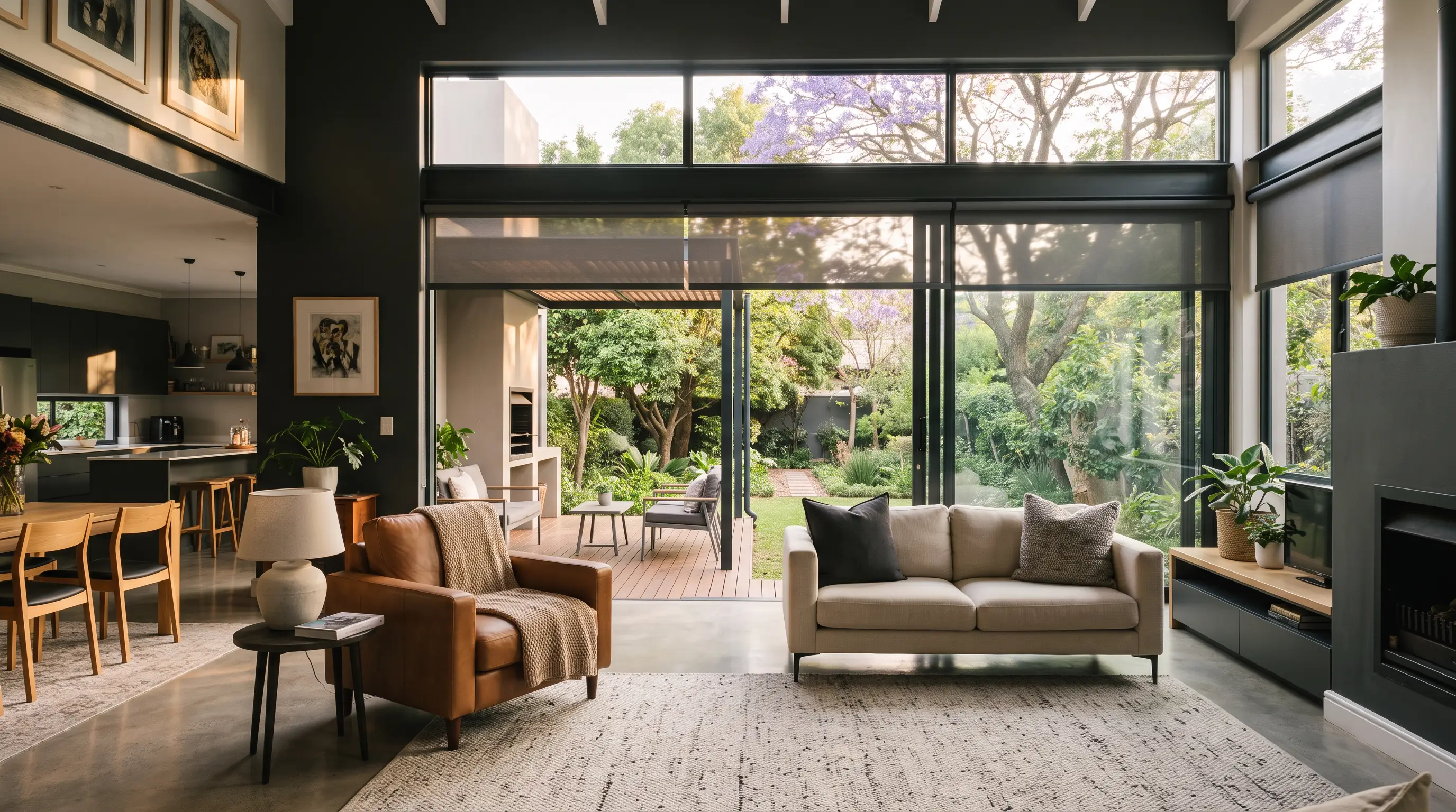 Sunscreen roller blinds over the sliding doors of an open-plan Senderwood living room, looking out onto a leafy garden