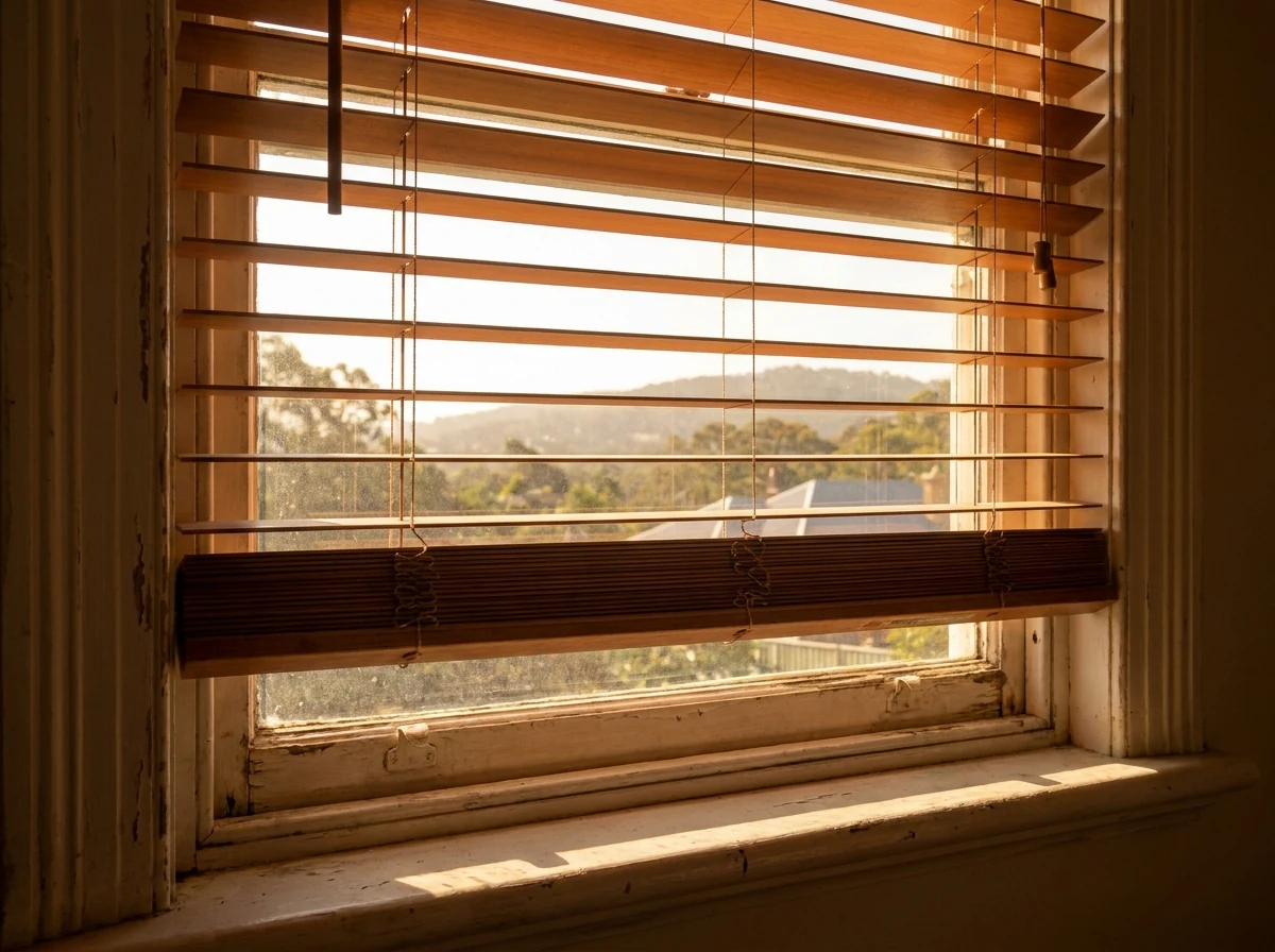 Close-up of timber venetian blind slats tilted halfway with a glimpse of a distant ridge-top view beyond, warm afternoon light filtering through